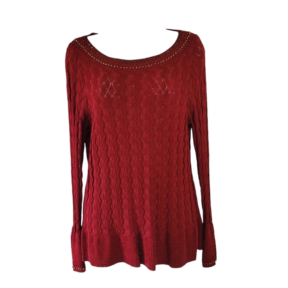 EMMA & JAMES Red Eyelet Bell Cuff Beaded Minimalist LS Top L Holidays Romantic